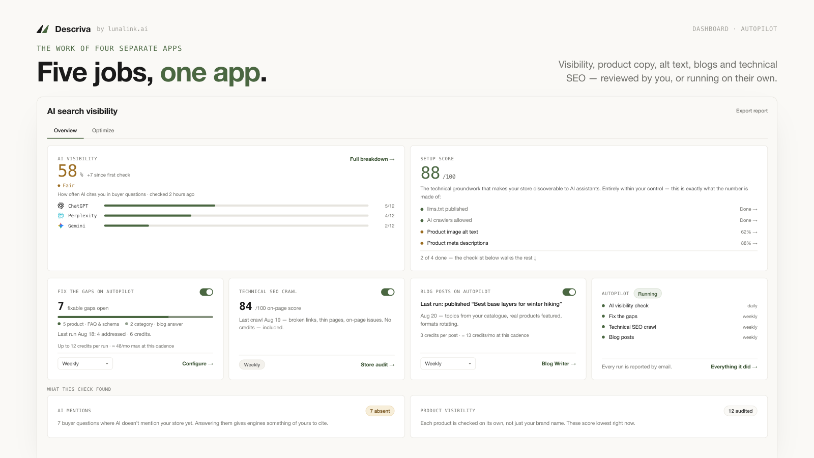 Dashboard: AI visibility, setup score and autopilot