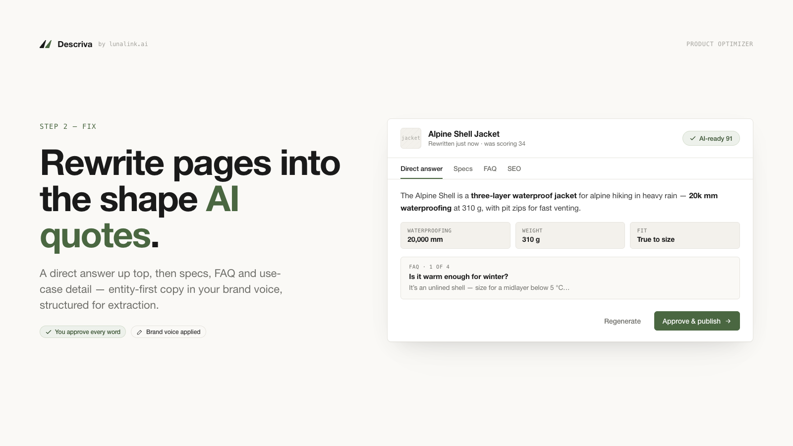 Product copy with specs and FAQ, reviewed before publish